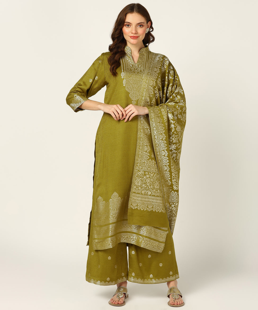 Jayri Women's Woolen Unstitched Kurta & Palazzo Zari Design Suit Material with Shawl/Stole for Winter University Of California Gold