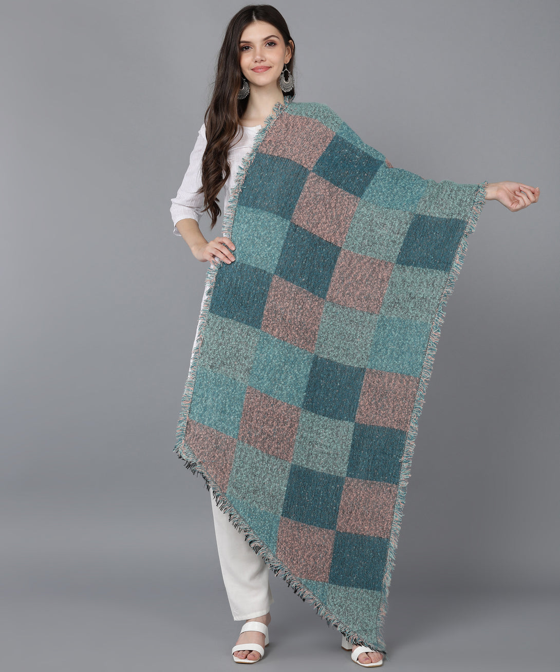 Jayri 100% Soft Woolen Women's Stole Winter Round Stoles Aqua Pattern