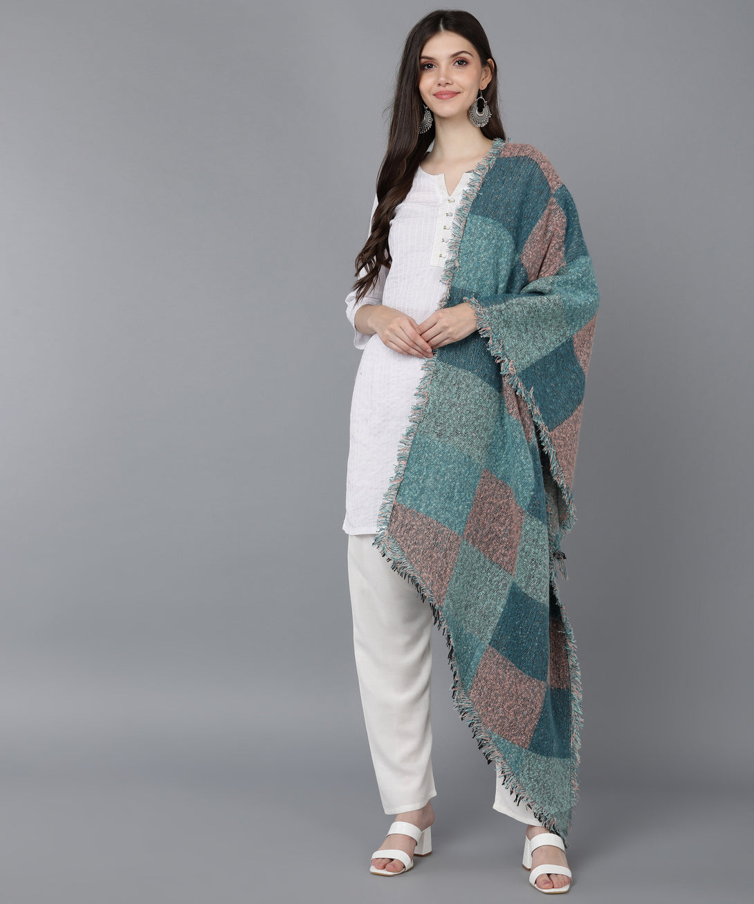 Jayri 100% Soft Woolen Women's Stole Winter Round Stoles Aqua Pattern