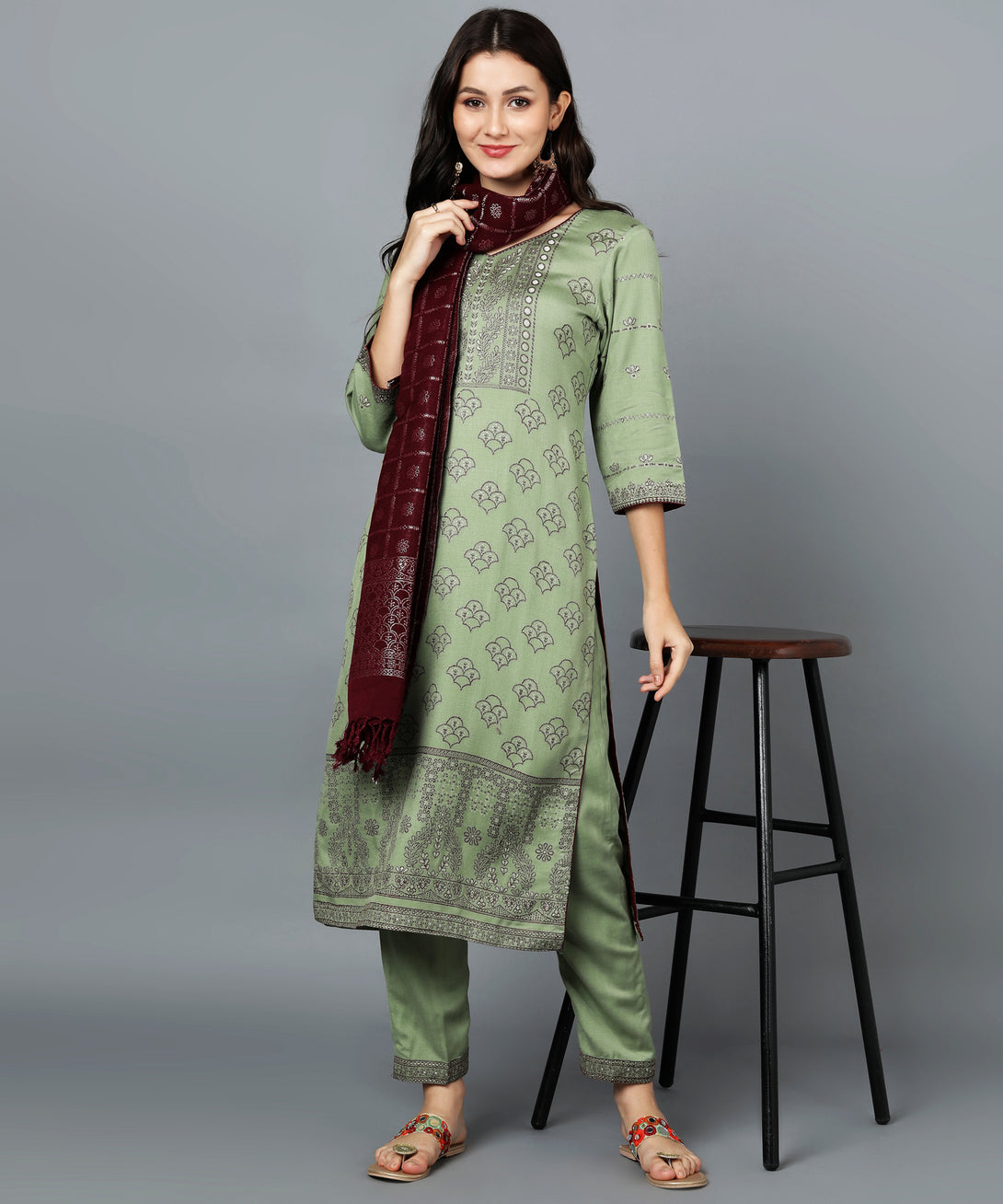 Jayri Women's Woolen Unstitched Kurta & Palazzo Zari Design Suit Material with Shawl/Stole for Winter Pastel Green