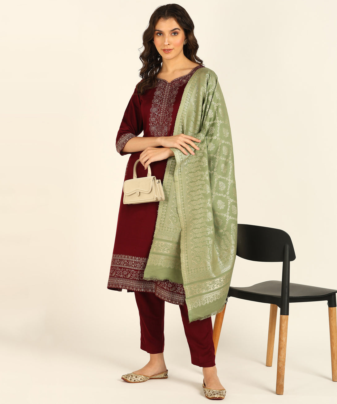 Jayri Women's Woolen Unstitched Kurta & Palazzo Zari Design Suit Material with Shawl/Stole for Winter Pastel Green