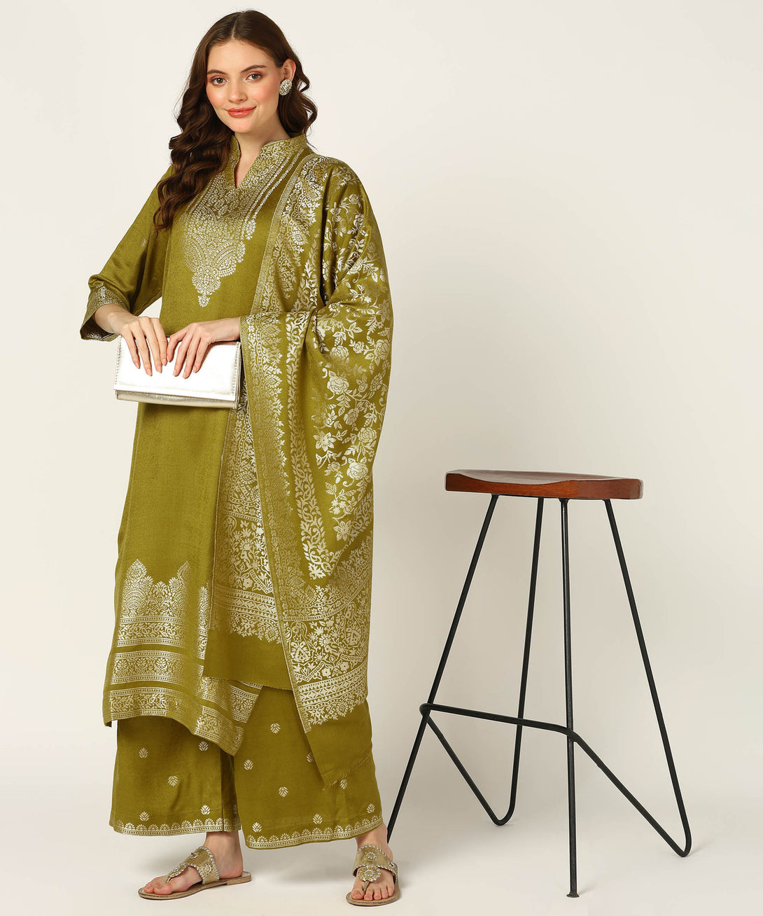 Jayri Women's Woolen Unstitched Kurta & Palazzo Zari Design Suit Material with Shawl/Stole for Winter University Of California Gold