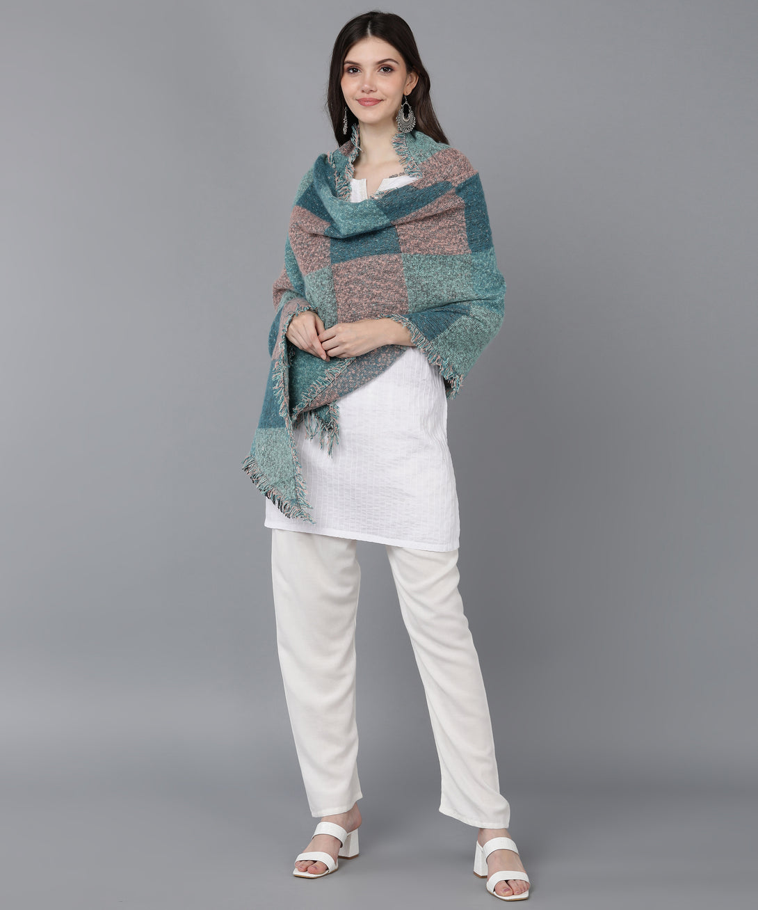 Jayri 100% Soft Woolen Women's Stole Winter Round Stoles Aqua Pattern