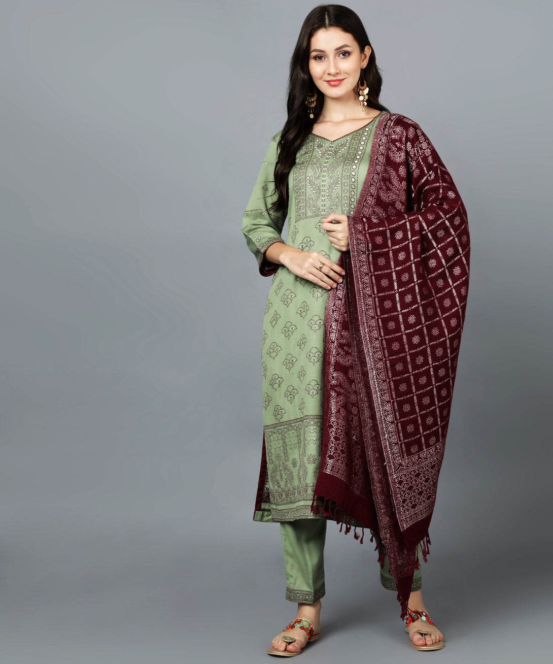 Jayri Women's Woolen Unstitched Kurta & Palazzo Zari Design Suit Material with Shawl/Stole for Winter Pastel Green