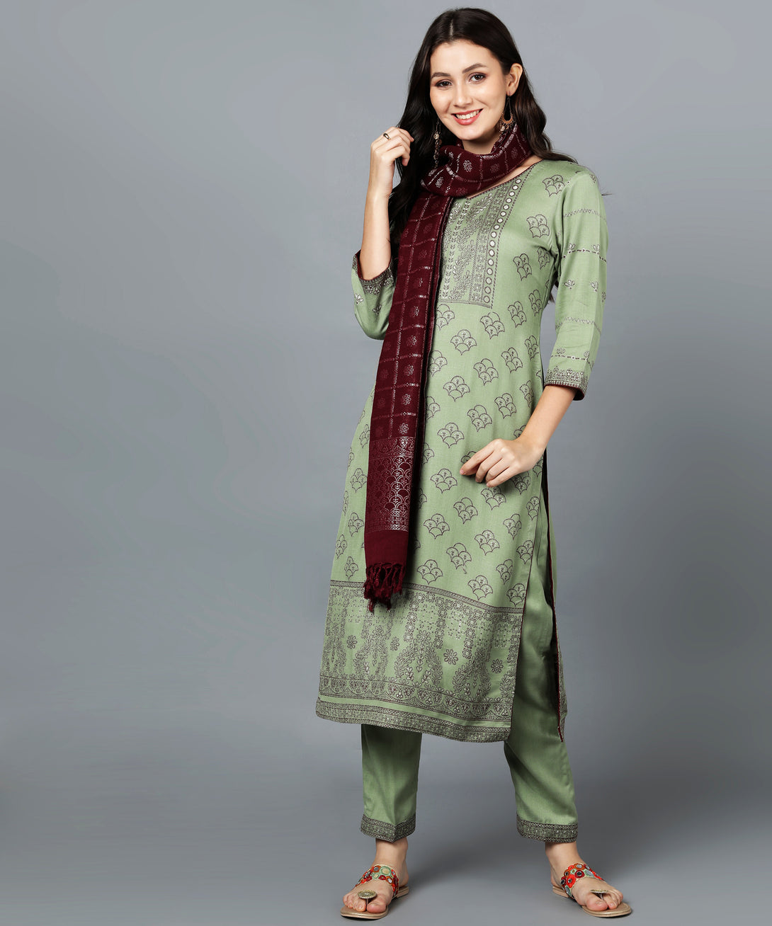 Jayri Women's Woolen Unstitched Kurta & Palazzo Zari Design Suit Material with Shawl/Stole for Winter Pastel Green